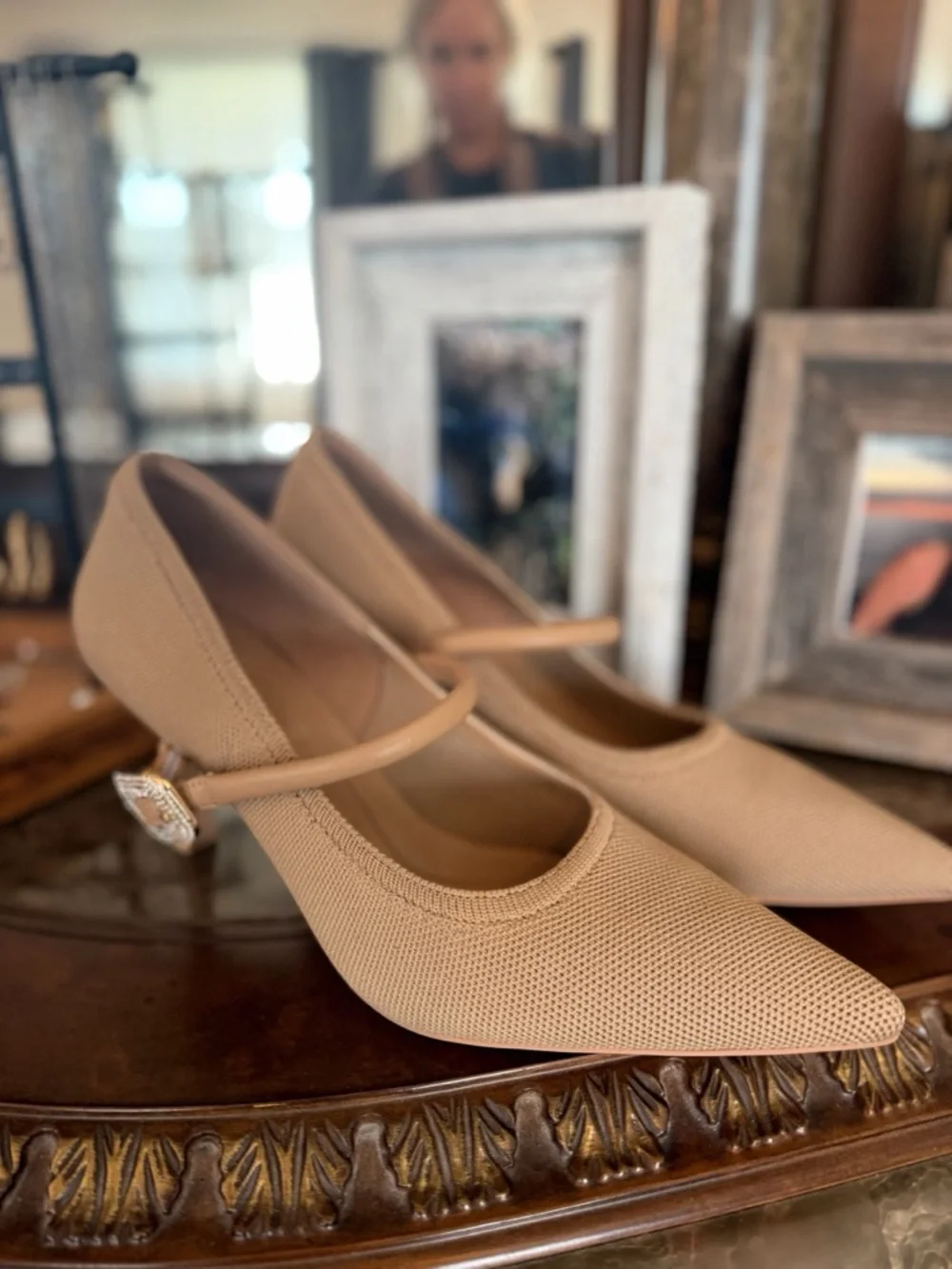 Neutral Beige Mary Jane Pointed Heels with Crystal Buckle - Picture 4 of 6